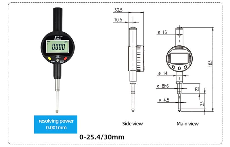 AICEYI Digital dial Gauge, with a Range of 0-1in/25.4mm and a Digital Indicator Accuracy of 0.001mm/0.00005 "Metric and Imperial Measure Tool Electronic Dial Gauge (ACE-Q25) - Image 2